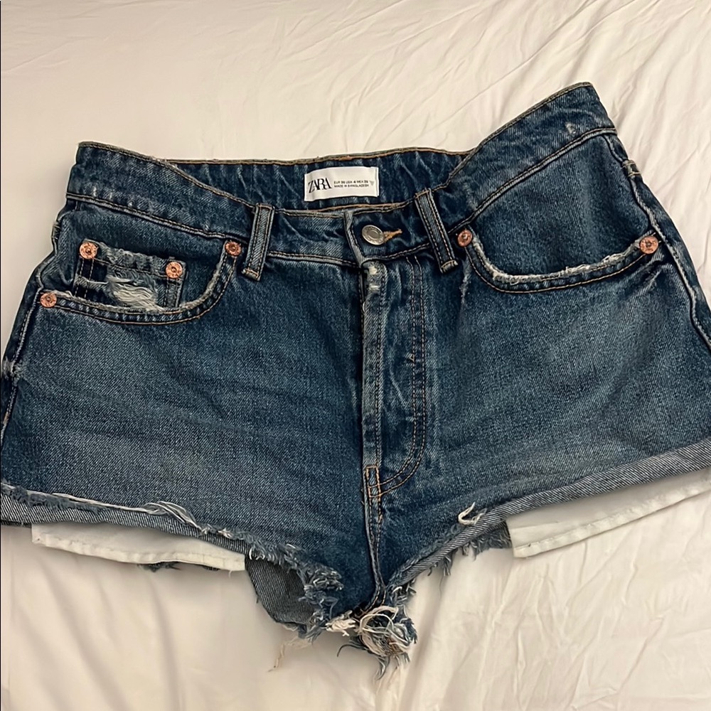 Zara Dark Blue Denim Frayed Shorts